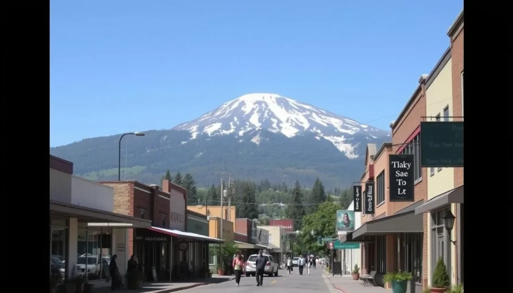 Downtown Mount Shasta City with shops and Mount Shasta visible in the background, a charming Siskiyou County California destination Downtown Mount Shasta City with shops and Mount Shasta visible in the background, a charming Siskiyou County California destination
