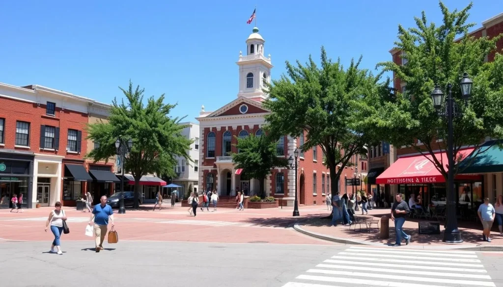 Downtown Murfreesboro historic square with pedestrians walking along the sidewalks and the historic courthouse in the center Downtown Murfreesboro historic square with pedestrians walking along the sidewalks and the historic courthouse in the center