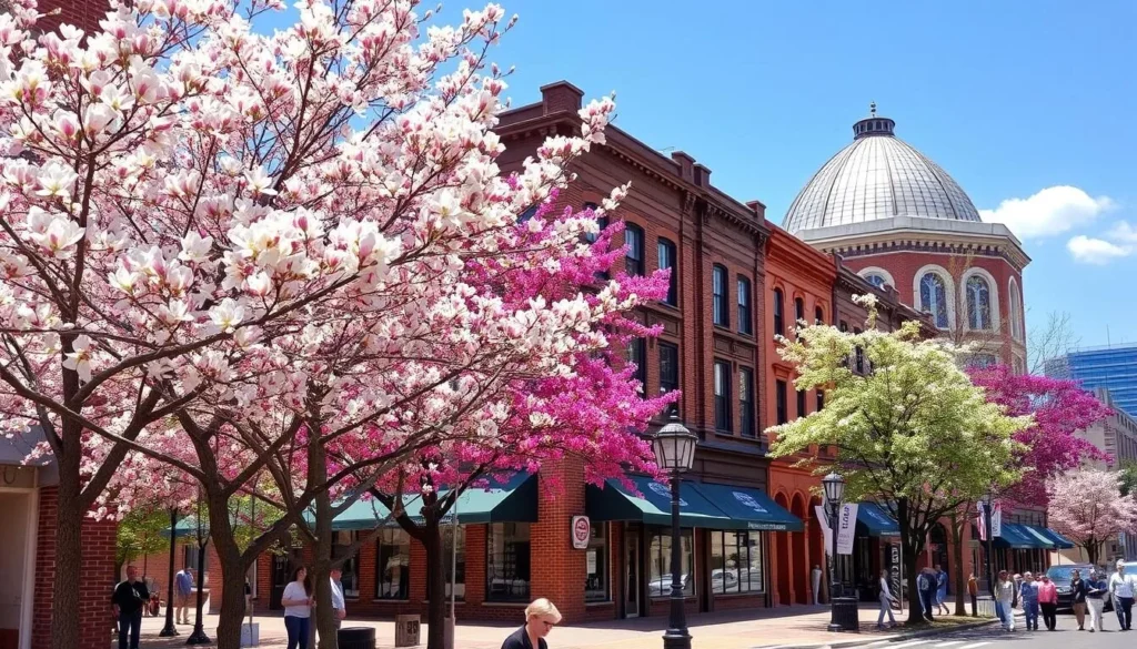Downtown Paducah during spring with blooming trees and the National Quilt Museum visible Downtown Paducah during spring with blooming trees and the National Quilt Museum visible