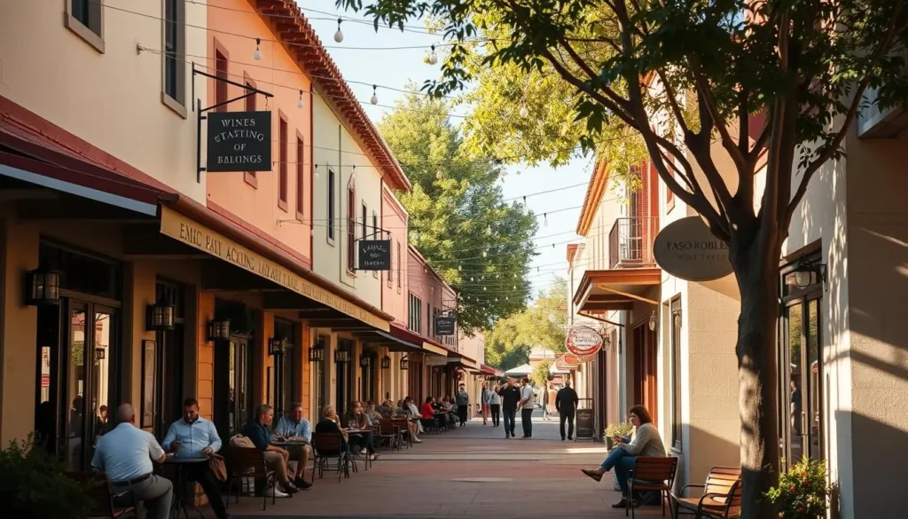 Downtown Paso Robles tasting rooms with outdoor seating areas and people enjoying wine tastings Downtown Paso Robles tasting rooms with outdoor seating areas and people enjoying wine tastings