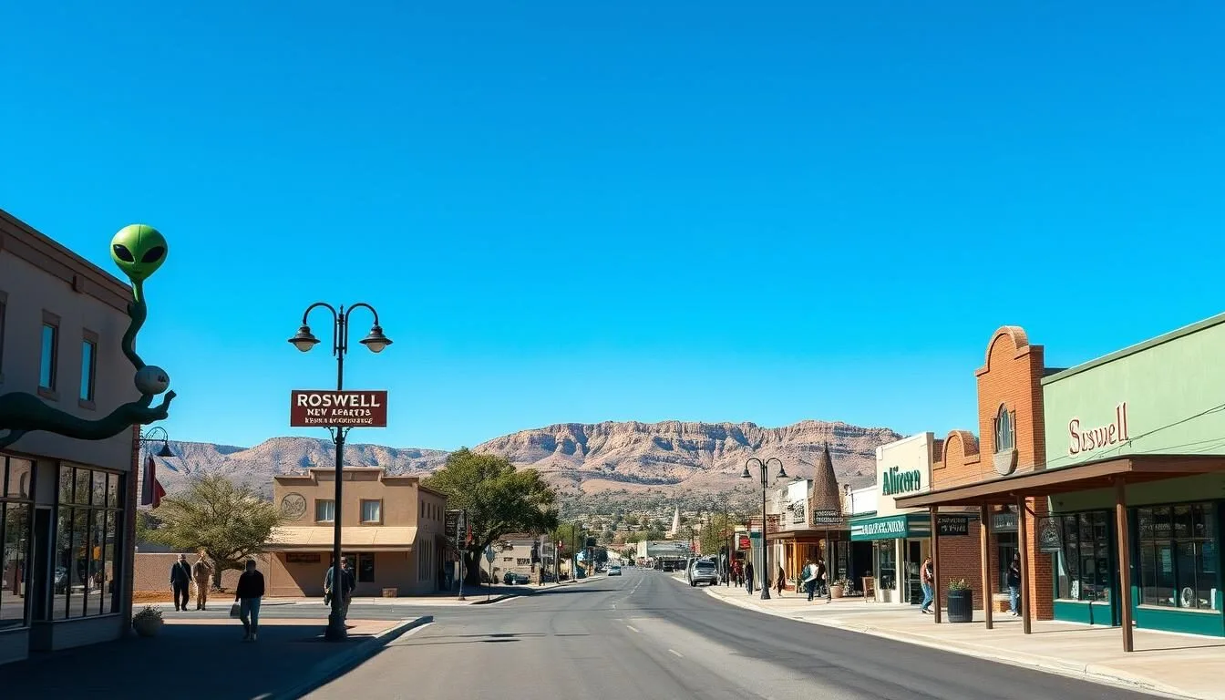 Downtown Roswell, New Mexico with alien-themed street art and Main Street view