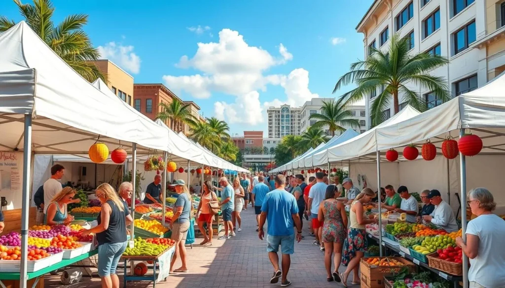 Downtown Sarasota Farmers Market with local vendors, fresh produce, and shoppers