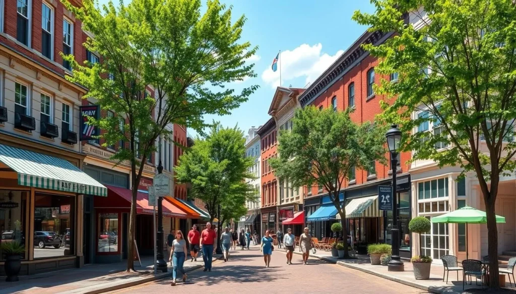 Downtown Saratoga Springs with pedestrians and shops on Broadway Downtown Saratoga Springs with pedestrians and shops on Broadway