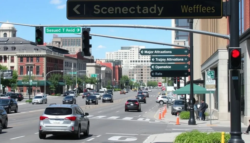 Downtown Schenectady street with cars, pedestrians, and clear directional signage Downtown Schenectady street with cars, pedestrians, and clear directional signage