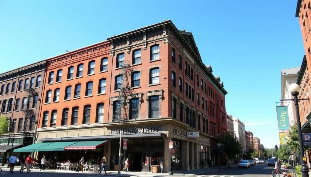 Downtown Schenectady with historic buildings, shops, and restaurants along State Street on a sunny day Downtown Schenectady with historic buildings, shops, and restaurants along State Street on a sunny day
