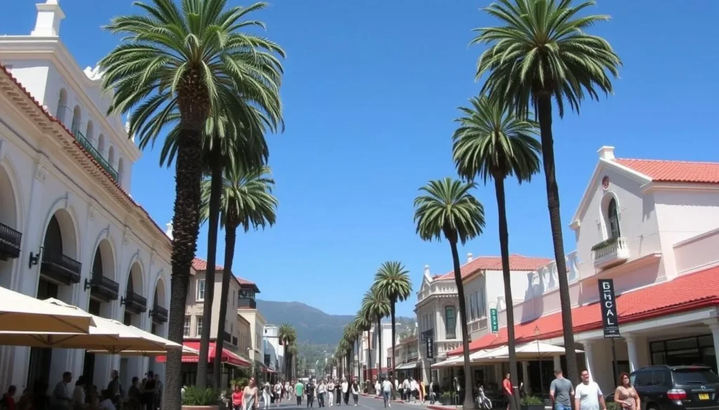 Downtown State Street in Santa Barbara with pedestrians enjoying the car-free promenade Downtown State Street in Santa Barbara with pedestrians enjoying the car-free promenade