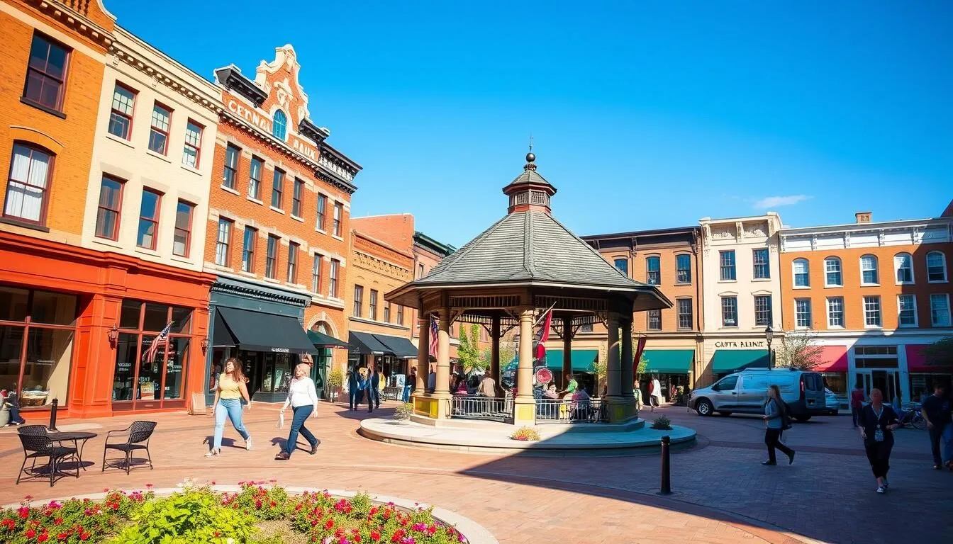 Downtown Valparaiso, Indiana with Central Park Plaza and colorful buildings on a sunny day