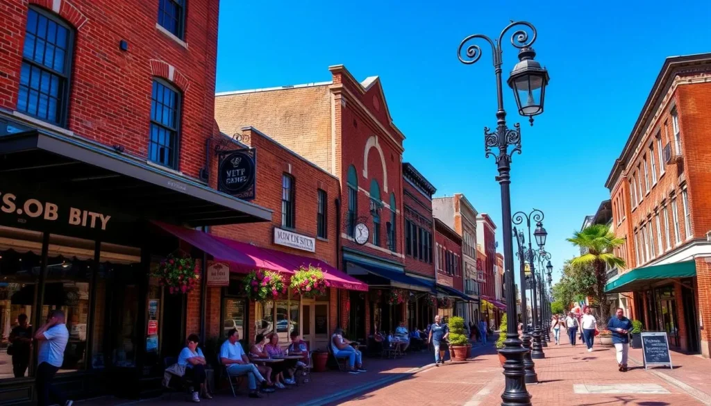 Downtown Wilmington North Carolina street scene with historic buildings, shops, and pedestrians enjoying a sunny day Downtown Wilmington North Carolina street scene with historic buildings, shops, and pedestrians enjoying a sunny day