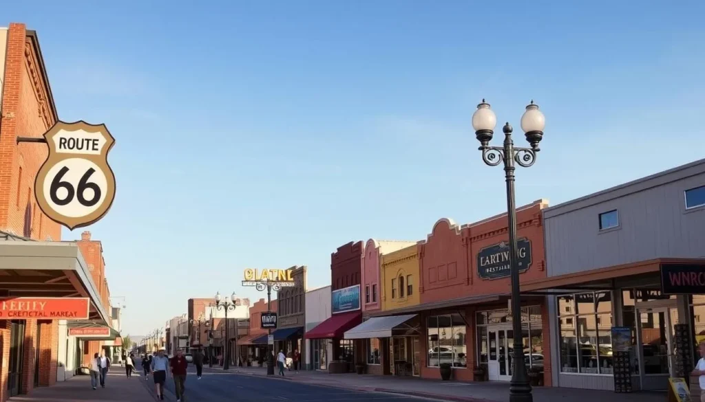 Downtown Winslow, Arizona showing Route 66 signage and historic buildings Downtown Winslow, Arizona showing Route 66 signage and historic buildings