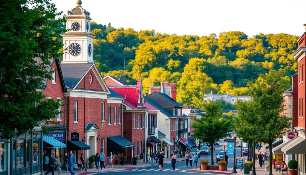 Doylestown, a quaint Pennsylvania town, nestled among rolling hills and lush greenery. Capture the historic charm of its picturesque streets, lined with vibrant storefronts and cozy cafes. In the foreground, showcase the iconic Bucks County Courthouse, its grand architecture and clock tower commanding attention. In the middle ground, depict pedestrians strolling along the sidewalks, immersed in the town's relaxed atmosphere. In the background, reveal the verdant landscapes and trees that frame Doylestown, bathed in warm, golden light. Convey a sense of tranquility and community, inviting the viewer to discover the delights of this enchanting Pennsylvania destination.