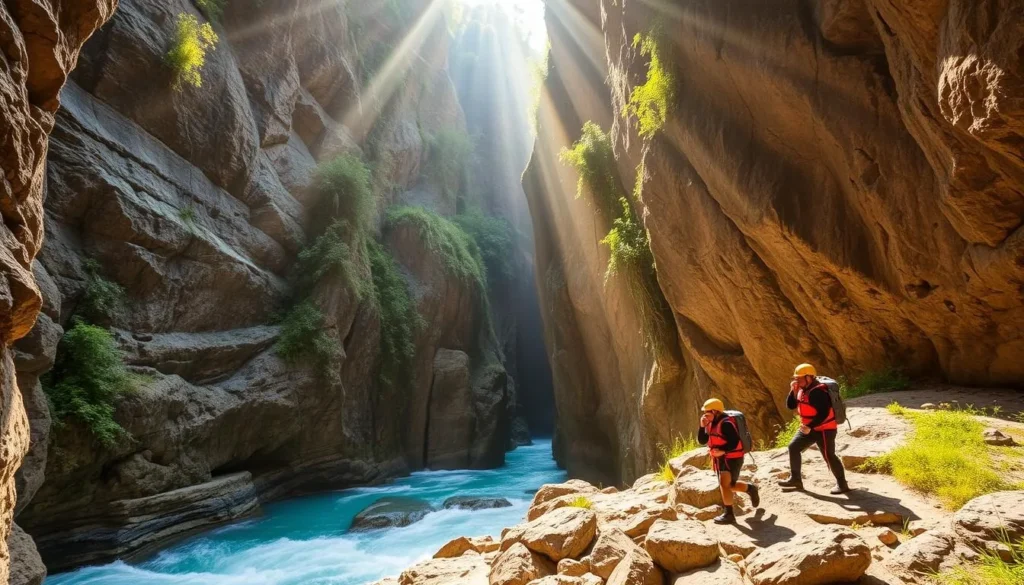 Dramatic cliff-lined canyon with a rushing azure river below. Adventurous hikers in safety gear, life jackets and helmets, carefully navigating the rocky terrain and natural pools. Shafts of warm sunlight filtering through the towering canyon walls, creating dramatic shadows and highlights. Lush greenery clinging to the canyon walls, adding a sense of natural beauty. Capture the thrill and challenge of canyoning, while emphasizing the importance of safety equipment and precautions.