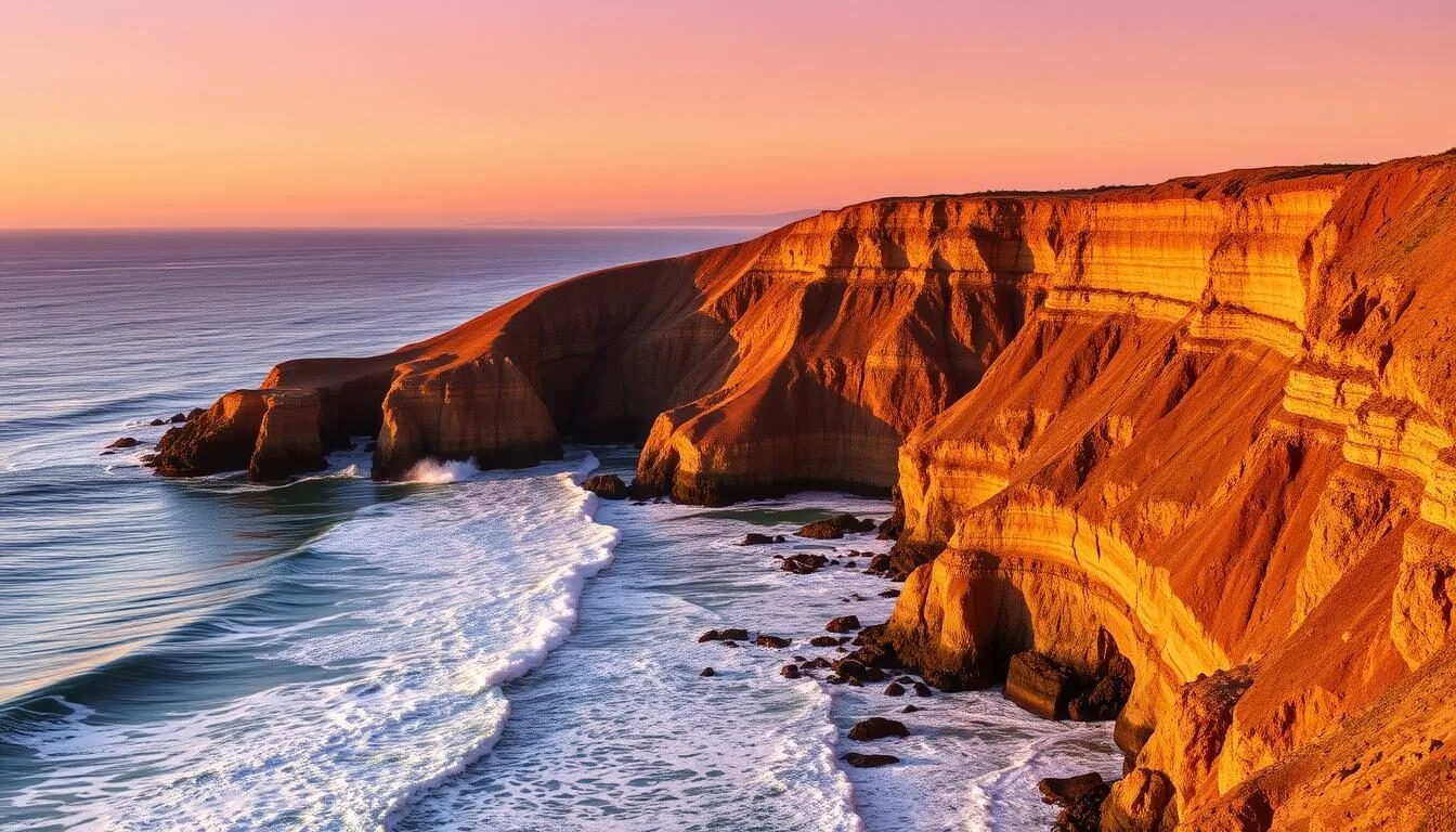 Dramatic coastal cliffs of San Mateo County with Pacific Ocean waves crashing below on a sunny day