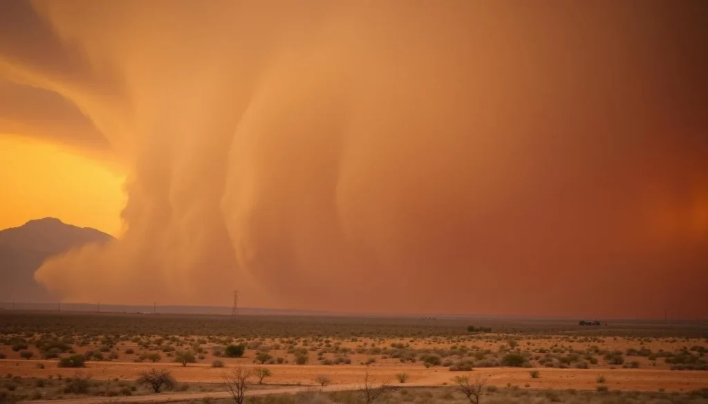 Dramatic haboob dust storm approaching Mesa with orange-tinted sky Dramatic haboob dust storm approaching Mesa with orange-tinted sky