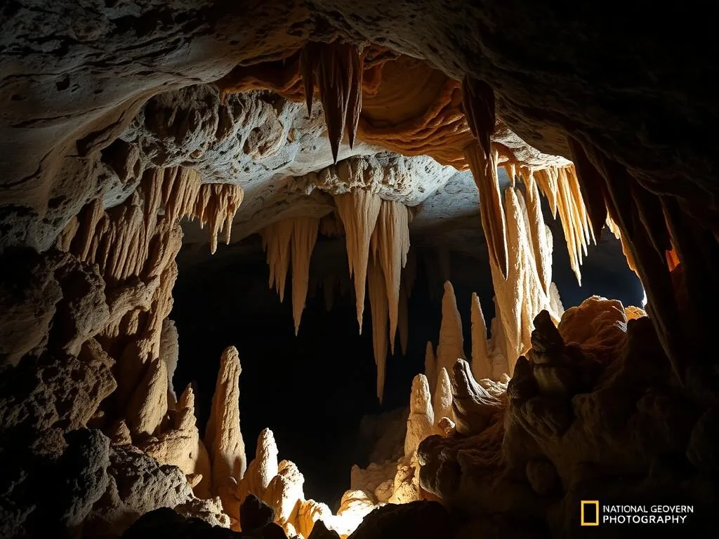 Dramatic lighting illuminating stalagmites and stalactites in Fountain Cavern National Park Dramatic lighting illuminating stalagmites and stalactites in Fountain Cavern National Park