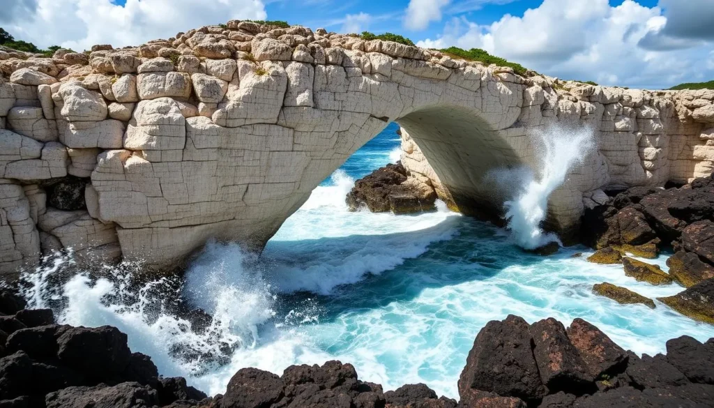 Dramatic view of Devil's Bridge at Indian Town National Park with waves crashing through the natural limestone arch Dramatic view of Devil's Bridge at Indian Town National Park with waves crashing through the natural limestone arch