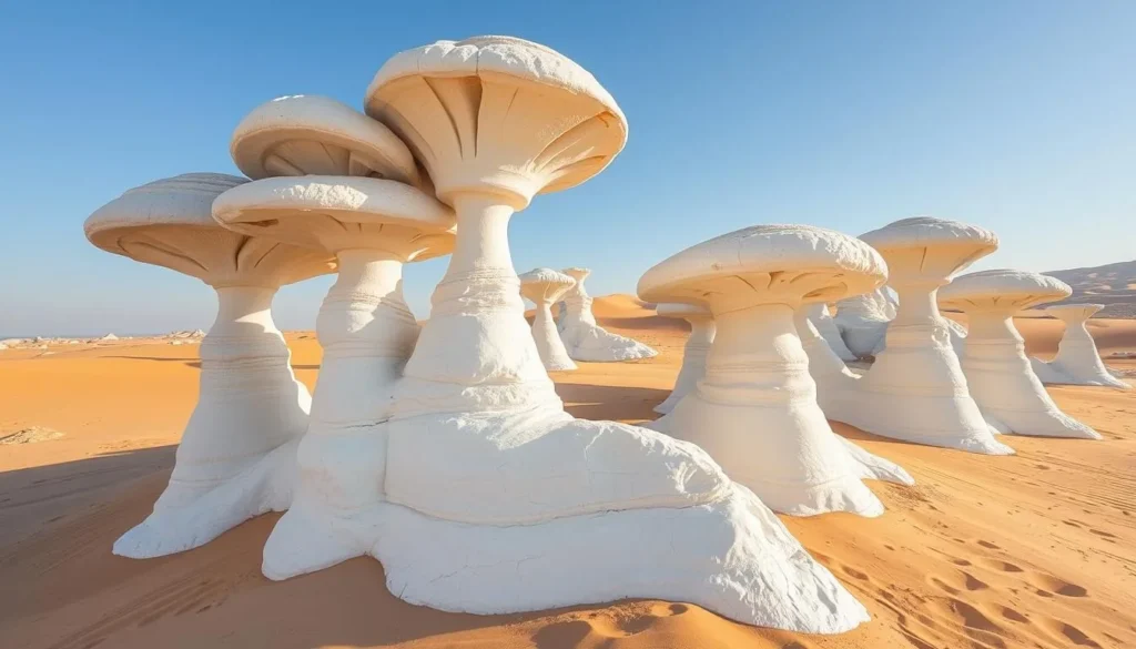 Dramatic white limestone formations in Brouq Nature Reserve shaped by wind erosion Dramatic white limestone formations in Brouq Nature Reserve shaped by wind erosion