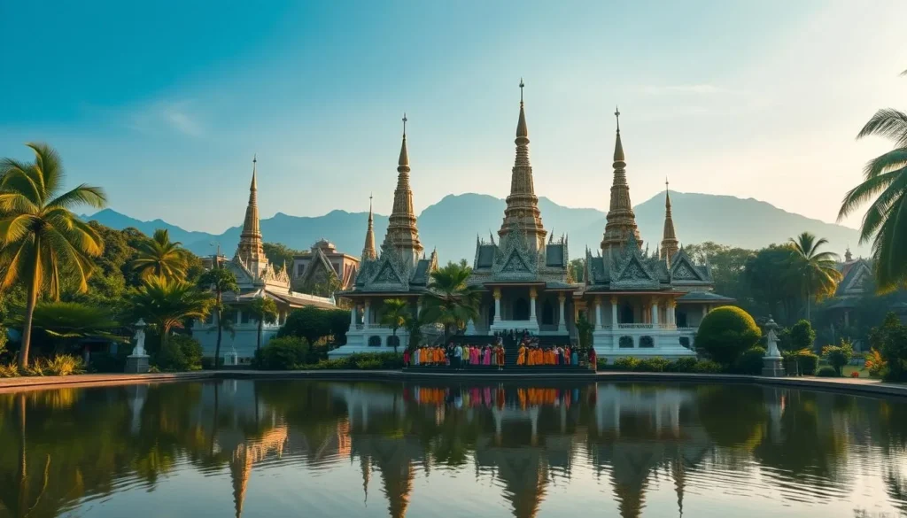 Dramatic yet serene, a stunning ensemble of ancient temples nestled amidst lush tropical foliage in Songkhla, Thailand. Elegant spires and ornate facades stand tall, their intricate carvings and gilded accents glistening in the warm afternoon sunlight. In the foreground, a peaceful pond reflects the ornate structures, creating a mesmerizing symmetry. The middle ground is dotted with worshippers offering prayers, their colorful robes adding vibrant pops of color to the scene. In the distance, a hazy blue mountain range frames the sacred landscape, evoking a sense of timelessness and spiritual tranquility. A serene, cinematic perspective that captures the essence of Songkhla's revered religious sites.