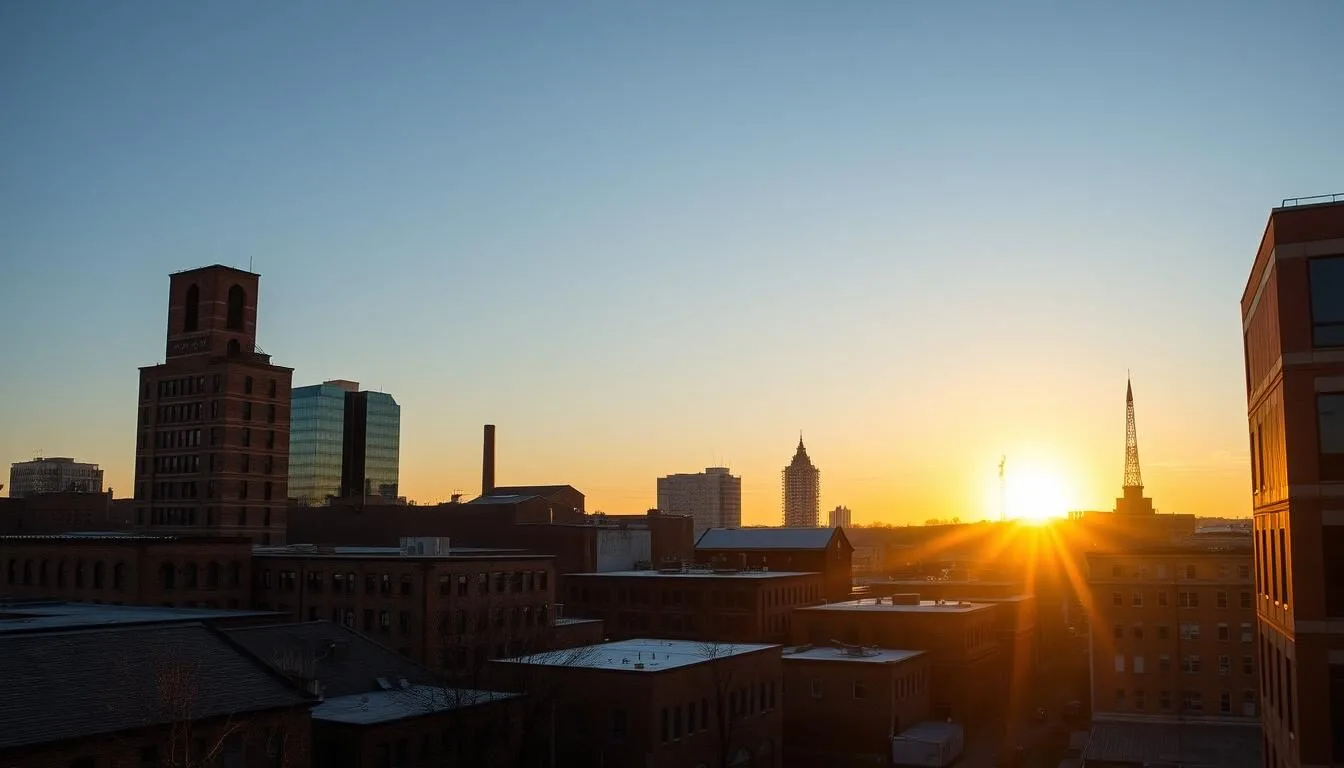 Durham North Carolina skyline with historic brick buildings and modern architecture