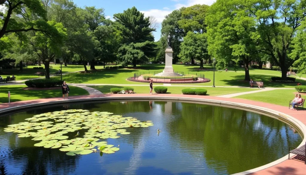 Edgemont Memorial Park in Montclair showing pond, walking paths, and memorial statue Edgemont Memorial Park in Montclair showing pond, walking paths, and memorial statue