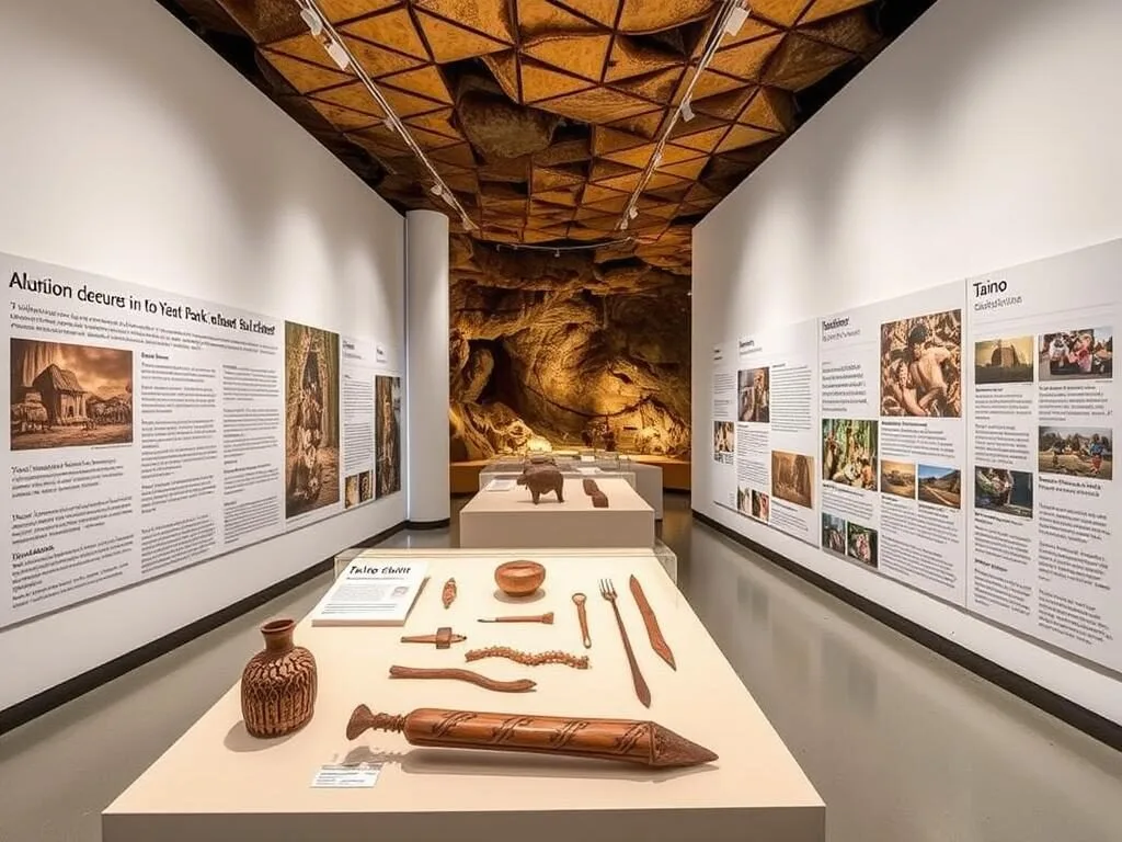 Educational display showing Taino artifacts and cultural information at Fountain Cavern visitor center Educational display showing Taino artifacts and cultural information at Fountain Cavern visitor center