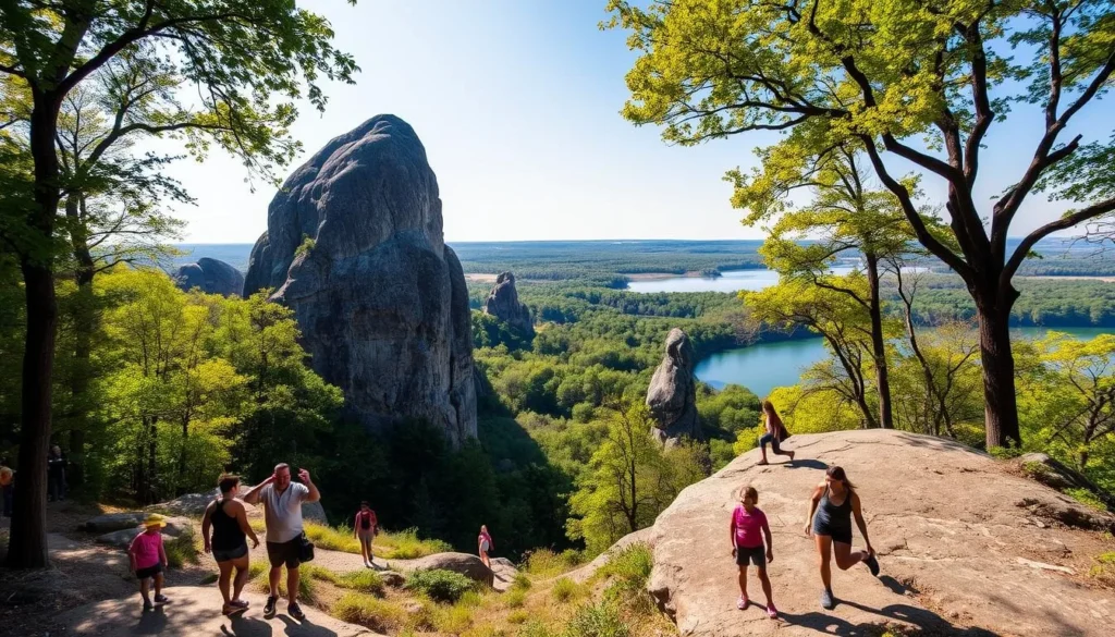 Elephant Rocks State Park, Missouri: a serene landscape where majestic granite boulders rise from the lush, verdant forest. In the foreground, families explore the winding trails, marveling at the towering rock formations. Hikers pause to take in the breathtaking vistas, while children playfully scramble over the smooth, weathered surfaces. Warm sunlight filters through the canopy, casting a golden glow across the scene. In the distance, a tranquil lake reflects the surrounding beauty, inviting visitors to relax and immerse themselves in the park's natural wonder. An atmosphere of peaceful adventure and outdoor discovery permeates this idyllic setting.