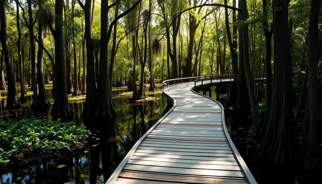 Elevated boardwalk through cypress swamp at Highlands Hammock State Park Elevated boardwalk through cypress swamp at Highlands Hammock State Park