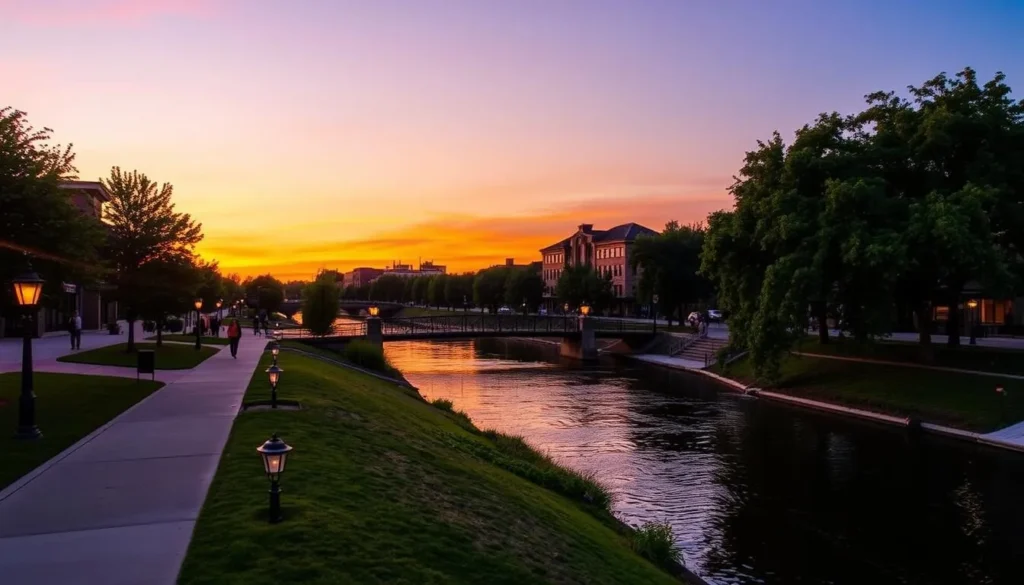 Elkhart RiverWalk at sunset with pedestrians enjoying riverside things to do in Elkhart Indiana Elkhart RiverWalk at sunset with pedestrians enjoying riverside things to do in Elkhart Indiana