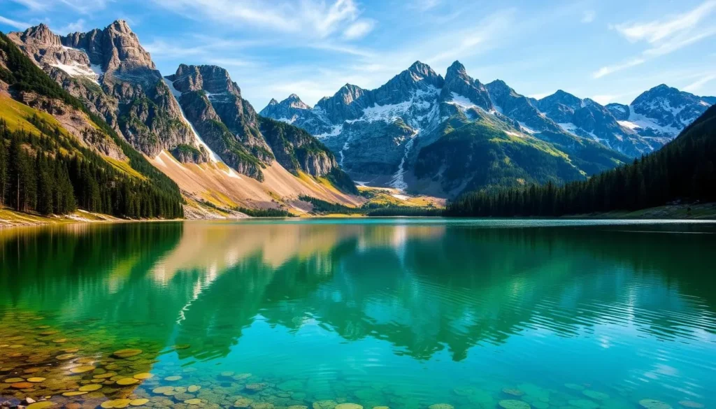 Emerald green Fairy Lake surrounded by mountain peaks