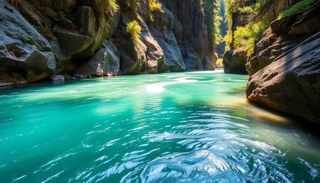 Emerald green waters of the Smith River flowing through a canyon with redwoods along the banks Emerald green waters of the Smith River flowing through a canyon with redwoods along the banks
