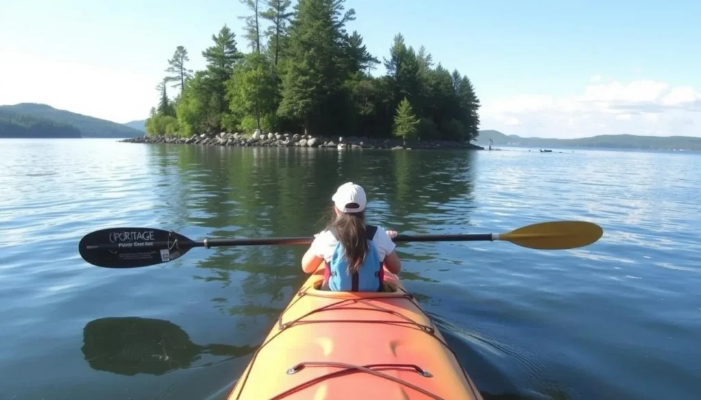 Enjoy kayaking on Portage Lake, with serene surroundings and picturesque views.