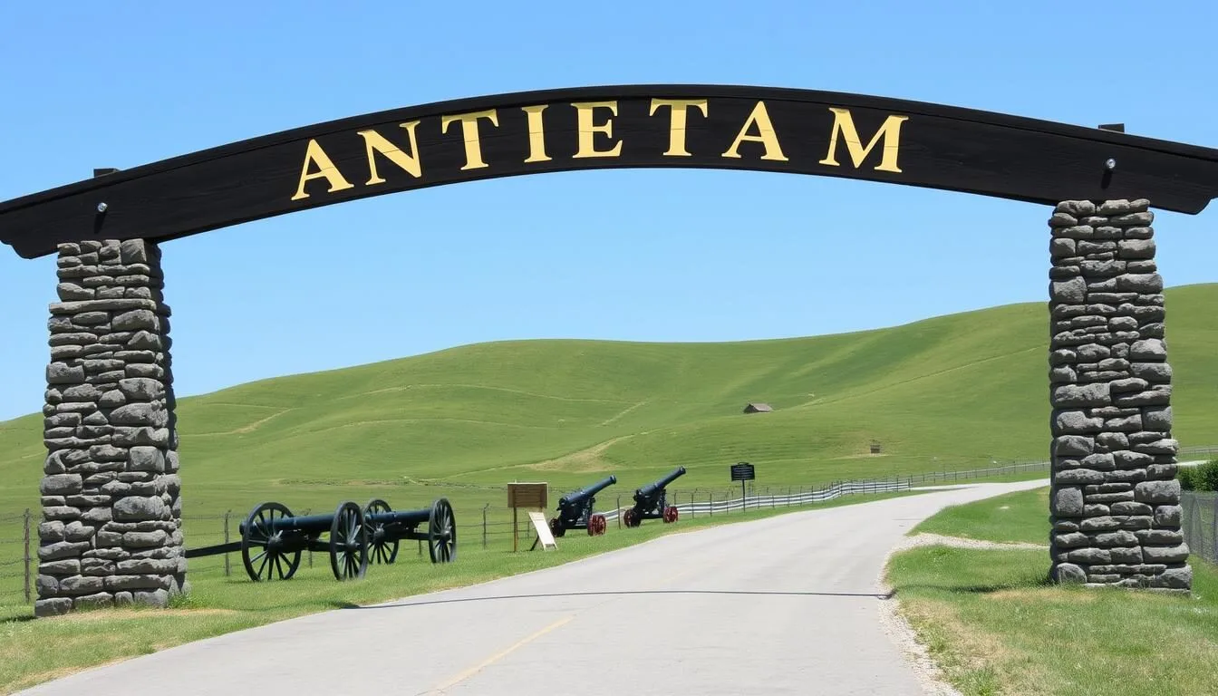 Entrance sign to Antietam National Battlefield Maryland with rolling hills and cannons in the background