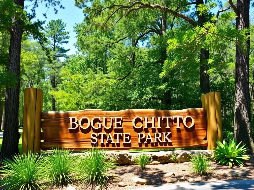 Entrance sign to Bogue Chitto State Park with lush green surroundings Entrance sign to Bogue Chitto State Park with lush green surroundings