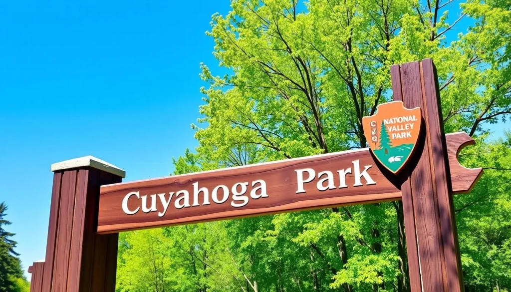 Entrance sign to Cuyahoga Valley National Park with forested background