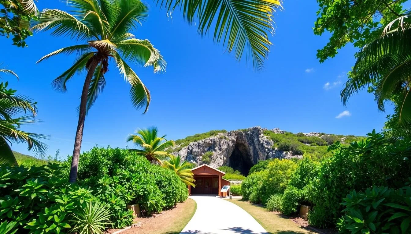 Entrance to Fountain Cavern National Park, Anguilla with informational sign and lush tropical vegetation