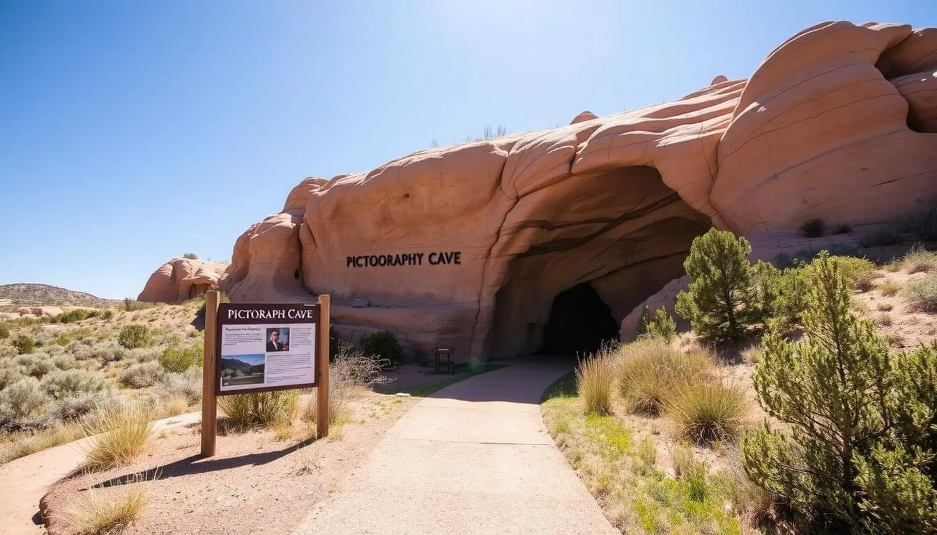 Entrance to Pictograph Cave State Park, Montana showing the main trail and information sign on a sunny day