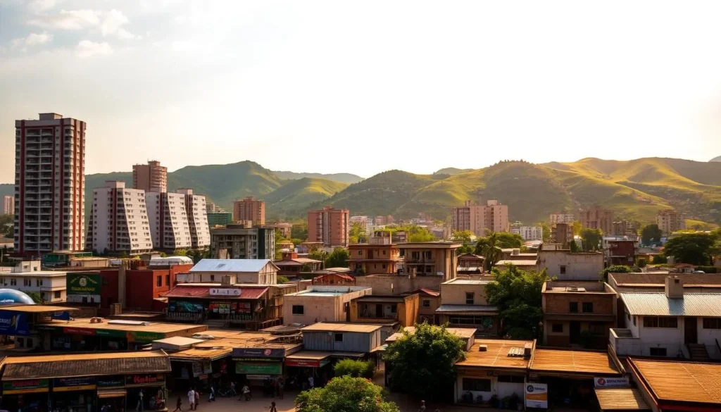 Enugu cityscape with a vibrant skyline, modern high-rise buildings, and lush green hills in the background. The scene is bathed in warm, golden sunlight, casting a serene, ambient glow over the city. In the foreground, bustling street markets and local shops add a sense of energy and character. Mid-ground features a mix of residential and commercial structures, their facades adorned with colorful patterns and textures. The background is dominated by the rolling, verdant hills that are characteristic of Enugu, known as the "Coal City" of Nigeria. The overall composition captures the dynamic balance between urban development and the natural beauty of the region.