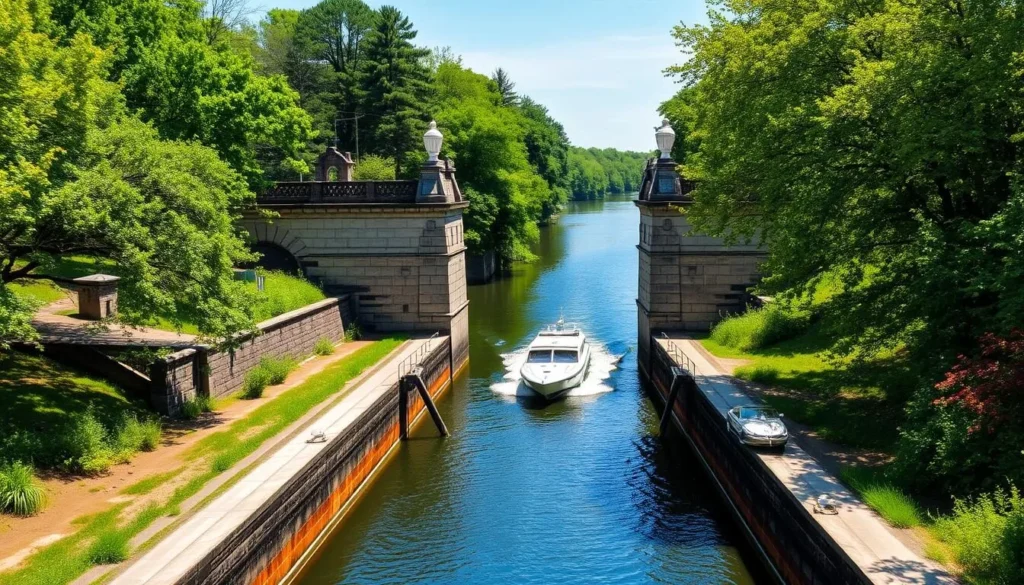 Erie Canal lock in Herkimer County with boats passing through and scenic surroundings Erie Canal lock in Herkimer County with boats passing through and scenic surroundings