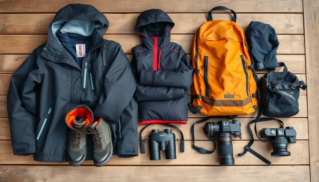 Essential weather gear for Dutch Harbor including waterproof jacket, boots, and layers