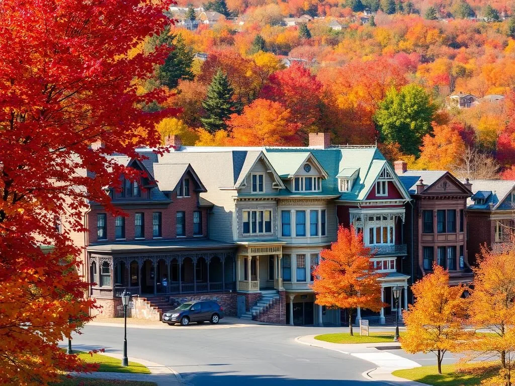 Eureka Springs Arkansas things to do in autumn with colorful fall foliage surrounding historic buildings Eureka Springs Arkansas things to do in autumn with colorful fall foliage surrounding historic buildings