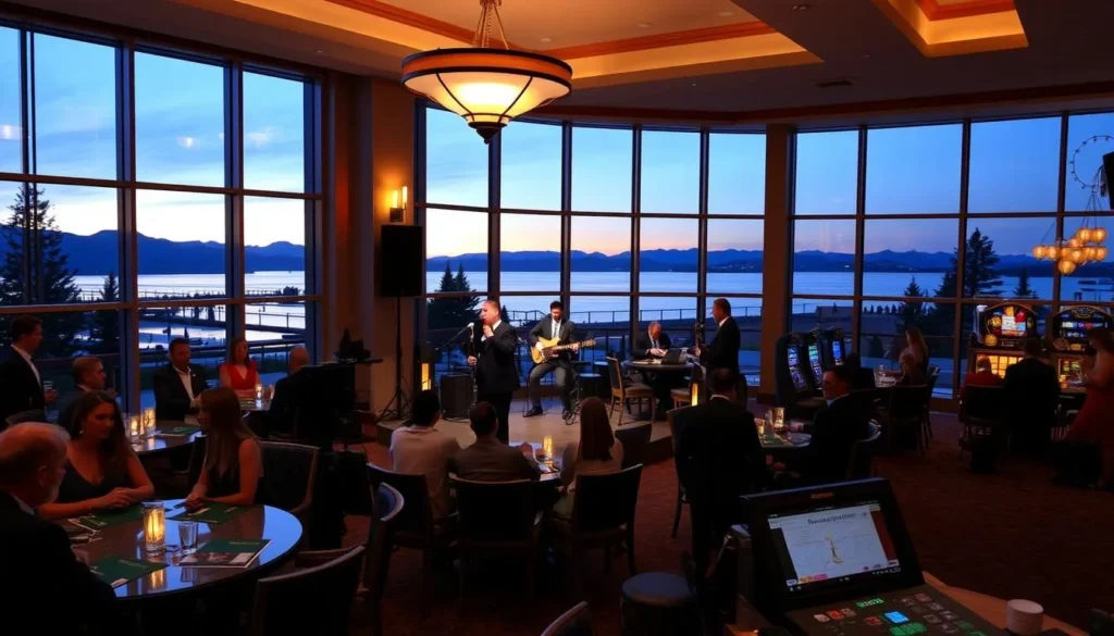 Evening entertainment at a Lake Tahoe casino resort with live music and mountain views Evening entertainment at a Lake Tahoe casino resort with live music and mountain views