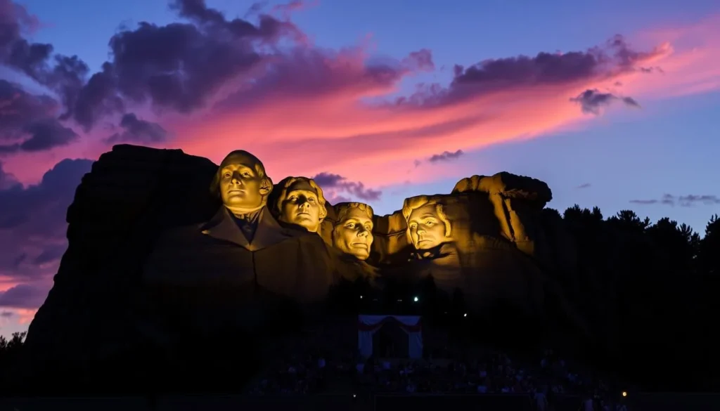 Evening lighting ceremony at Mount Rushmore with dramatic sky, a must-see experience near Rapid City Evening lighting ceremony at Mount Rushmore with dramatic sky, a must-see experience near Rapid City