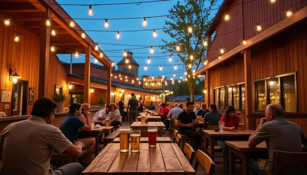 Evening scene at a craft brewery in Stanislaus County with people enjoying local beer