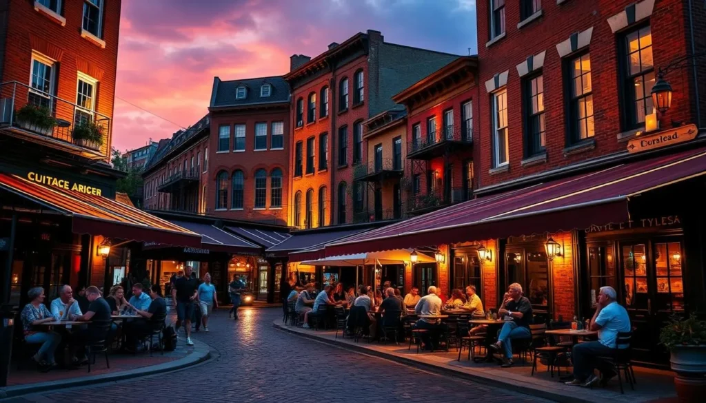 Evening scene of restaurants and bars with outdoor seating in Fells Point, Baltimore Evening scene of restaurants and bars with outdoor seating in Fells Point, Baltimore