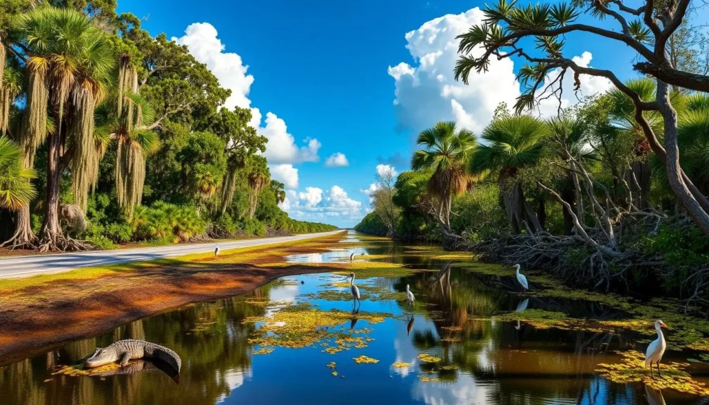 Everglades National Park, a lush, vibrant wetland teeming with diverse flora and fauna. Capture the serene beauty of the main park road, flanked by towering cypress trees draped in Spanish moss. In the foreground, a shimmering river reflects the azure sky and fluffy white clouds. Alligators bask on the muddy banks, while herons and egrets wade through the shallow waters. The middle ground features a dense mangrove forest, its twisted roots emerging from the still, mirror-like surface. Distant horizons reveal the boundless expanse of the Everglades, a photographer's dream landscape. Employ a wide-angle lens to showcase the grandeur, with soft, natural lighting illuminating the scene. Convey a sense of tranquility and wonder, inviting the viewer to immerse themselves in this remarkable ecosystem.