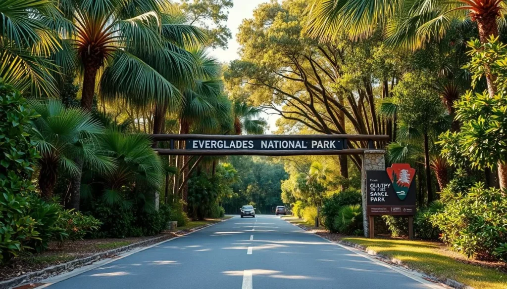 Everglades National Park entrance with lush tropical foliage, sunlight filtering through palm fronds, a welcoming sign marking the park's boundary, and a wide paved road leading visitors deeper into the natural wonder. Capture the sense of anticipation and excitement as one embarks on an adventure to explore the unique ecosystem. Use a wide-angle lens to emphasize the scale and grandeur of the landscape, with warm, golden hues conveying the pleasant, inviting atmosphere. Avoid distracting elements, maintaining a clean, uncluttered composition that focuses the viewer's attention on the park's entrance and the journey ahead.