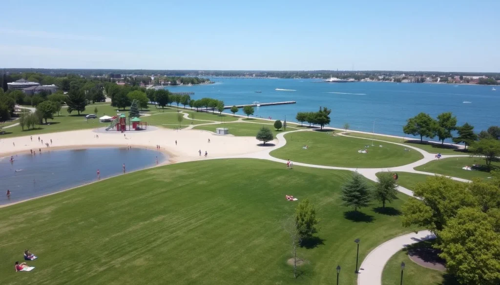 Excelsior Commons Park at Lake Minnetonka with beach, playground, and people enjoying outdoor activities Excelsior Commons Park at Lake Minnetonka with beach, playground, and people enjoying outdoor activities