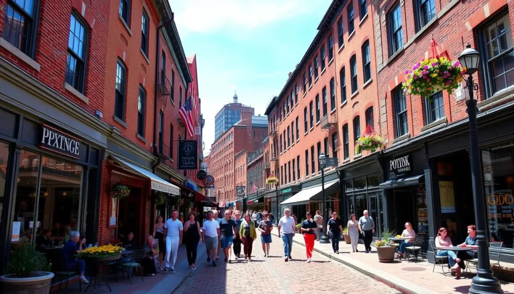 Exchange Street in Portland's Old Port with shops, restaurants and historic buildings Exchange Street in Portland's Old Port with shops, restaurants and historic buildings