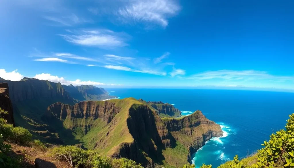 Expansive panoramic vista of the azure Pacific Ocean, gently lapping against rugged volcanic cliffs. Towering sea stacks punctuate the horizon, their weathered surfaces gleaming in the warm afternoon sunlight. In the middleground, lush green vegetation clings to the steep slopes, framing sweeping vistas of the boundless ocean expanse. Soft, wispy clouds drift across a brilliant azure sky, casting playful shadows on the tranquil waters below. Capture the breathtaking natural beauty and serene atmosphere of Makapu'u Point Lighthouse Trail through a wide-angle landscape composition with a deep depth of field.