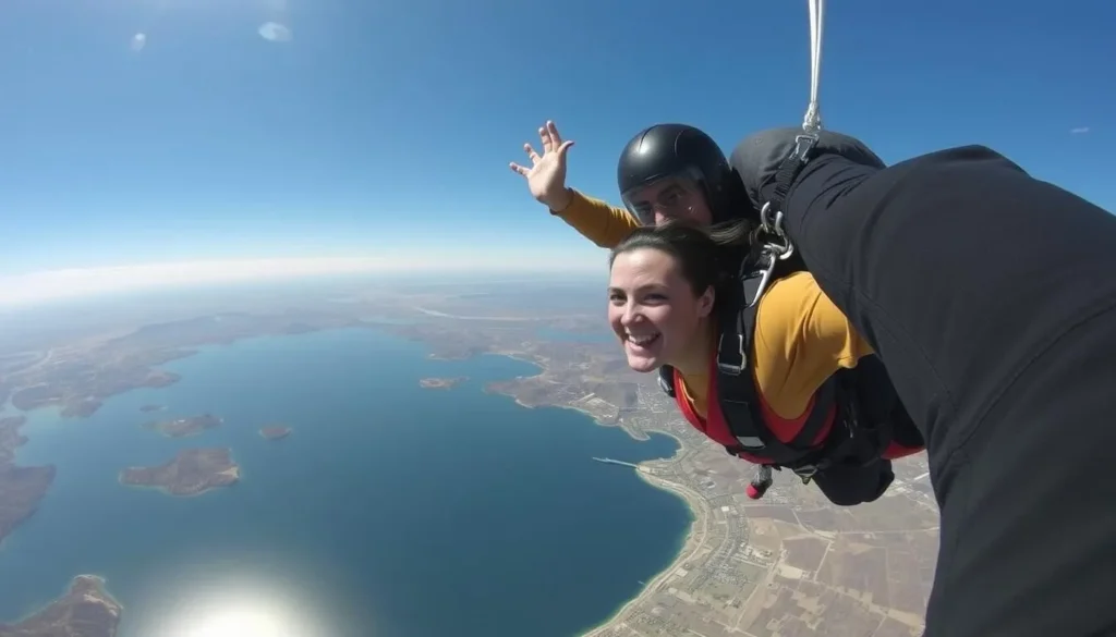 Experience skydiving at Skydive Perris with an image of a person skydiving over Lake Perris.