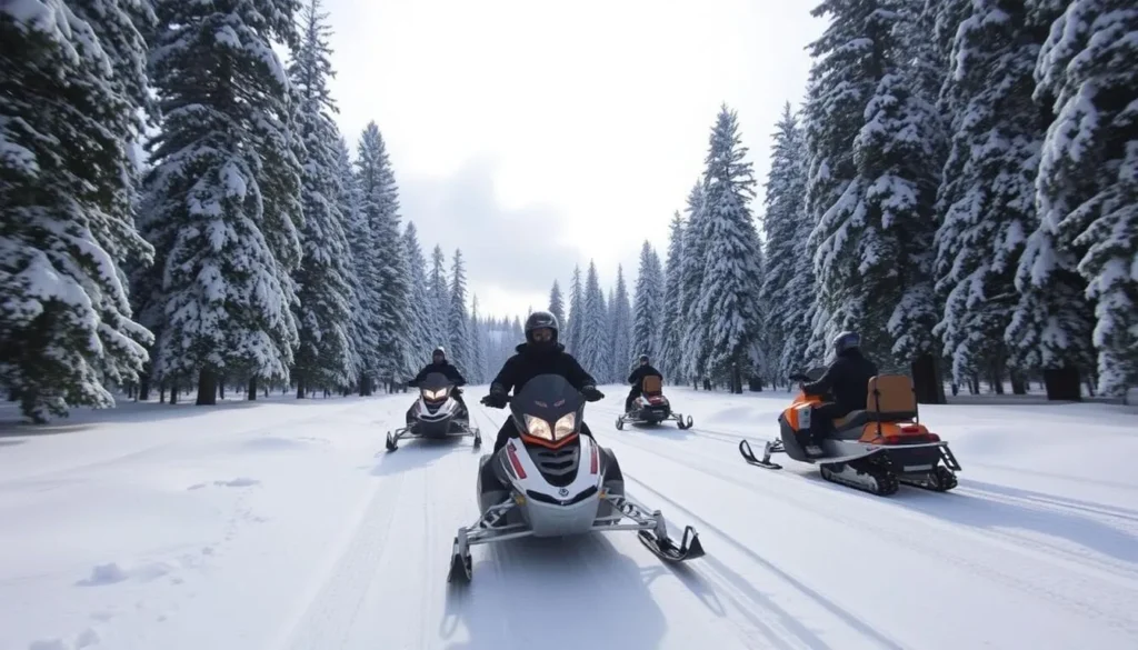 Experience the thrill of snowmobiling through Lake Tahoe's forests with Tahoe Family Adventures.